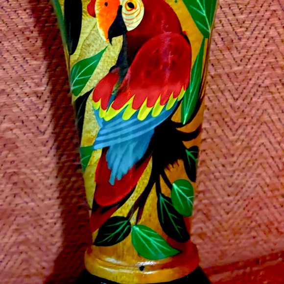 Wooden Hand Turned Hand Painted Scarlet Macaw Vase. - Picture 2 of 9